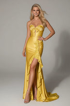 Mermaid Strapless Corset Prom Dress Yellow Satin With Train 3D Bow Ruffle Keyhole For Prom Queens