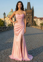 Glamorous Mermaid Strapless Corset Lace Satin Prom Dress With Train For Prom And Formal Events