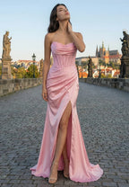 Glamorous Mermaid Strapless Corset Lace Satin Prom Dress With Train For Prom And Formal Events