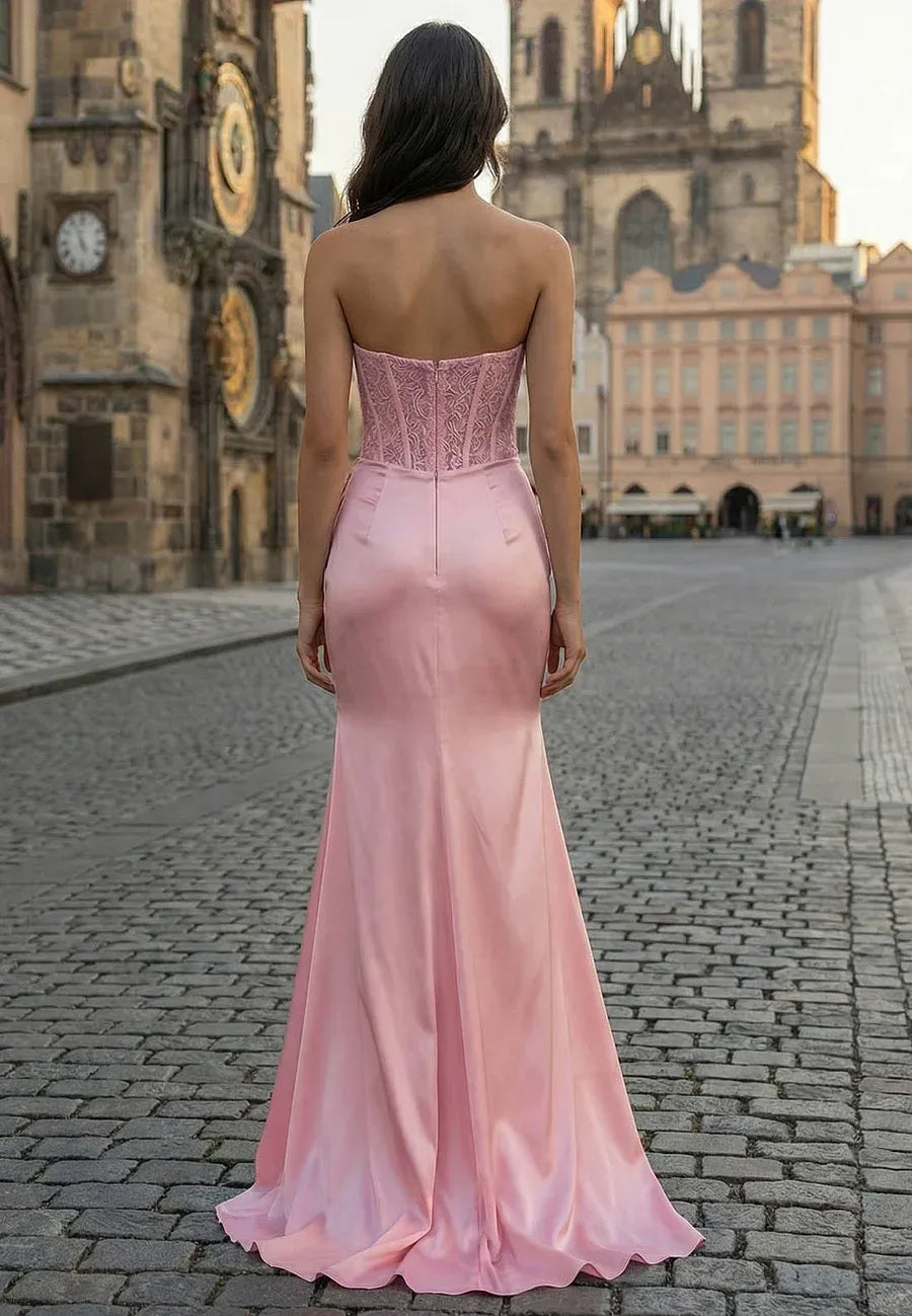 Glamorous Mermaid Strapless Corset Lace Satin Prom Dress With Train For Prom And Formal Events
