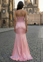 Glamorous Mermaid Strapless Corset Lace Satin Prom Dress With Train For Prom And Formal Events