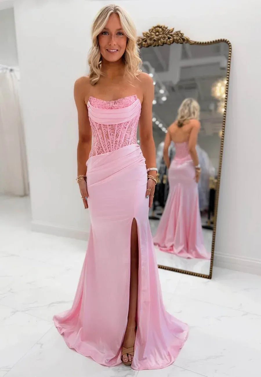 Glamorous Mermaid Strapless Corset Lace Satin Prom Dress With Train For Prom And Formal Events