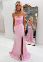 Glamorous Mermaid Strapless Corset Lace Satin Prom Dress With Train For Prom And Formal Events