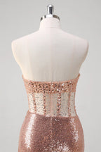 Mermaid Strapless Corset Ruched Beaded Sequin Rose Gold Long Prom Dress