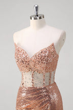 Mermaid Strapless Corset Ruched Beaded Sequin Rose Gold Long Prom Dress