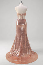 Mermaid Strapless Corset Ruched Beaded Sequin Rose Gold Long Prom Dress