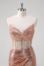 Mermaid Strapless Corset Ruched Beaded Sequin Rose Gold Long Prom Dress