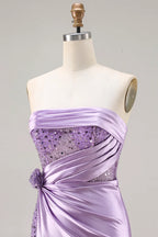 Mermaid Strapless Corset Ruched Sequin Lavender Prom Dress With Slit