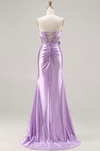 Mermaid Strapless Corset Ruched Sequin Lavender Prom Dress With Slit