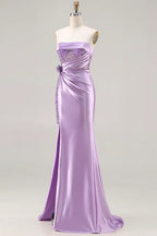 Mermaid Strapless Corset Ruched Sequin Lavender Prom Dress With Slit