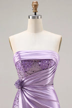 Mermaid Strapless Corset Ruched Sequin Lavender Prom Dress With Slit