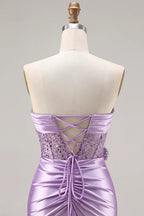 Mermaid Strapless Corset Ruched Sequin Lavender Prom Dress With Slit