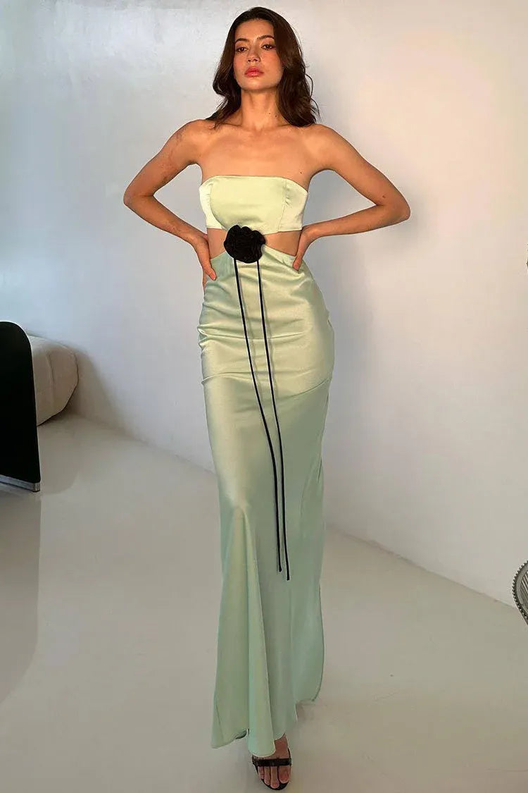 Yellow Mermaid Strapless Cutout 3D Flower Floor-Length Prom Dress