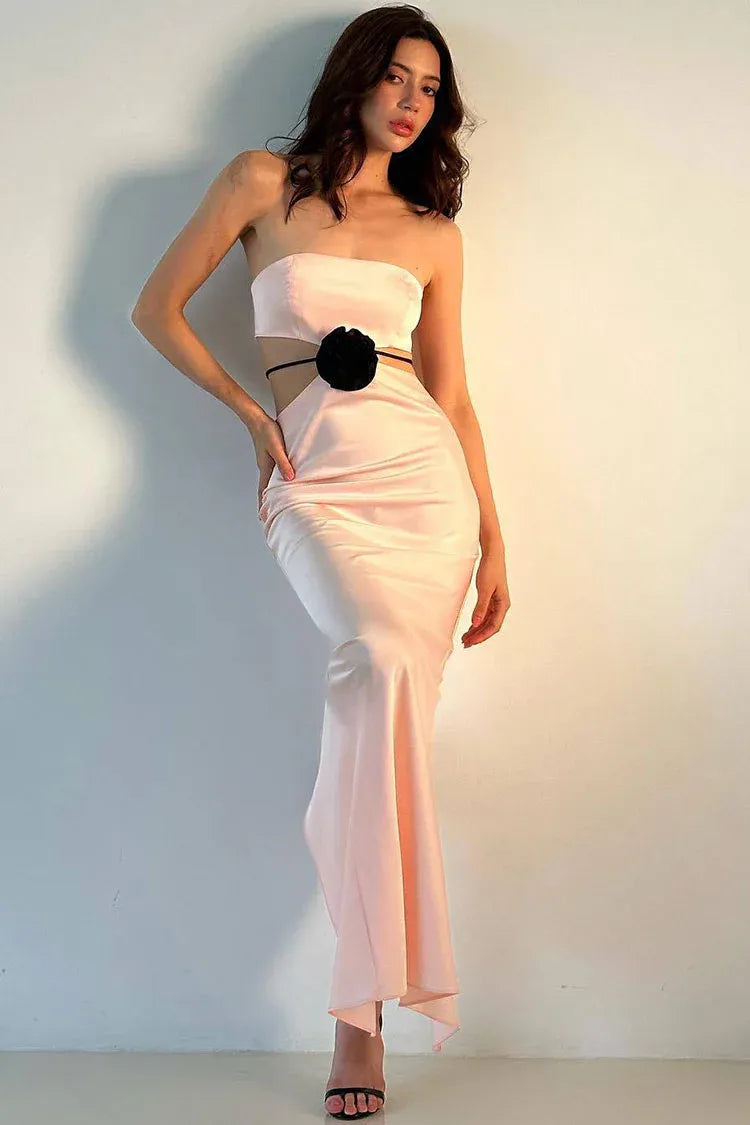 Yellow Mermaid Strapless Cutout 3D Flower Floor-Length Prom Dress