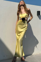 Yellow Mermaid Strapless Cutout 3D Flower Floor-Length Prom Dress