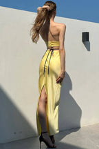Yellow Mermaid Strapless Cutout 3D Flower Floor-Length Prom Dress