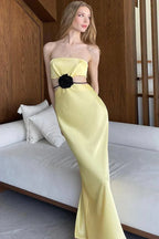 Yellow Mermaid Strapless Cutout 3D Flower Floor-Length Prom Dress