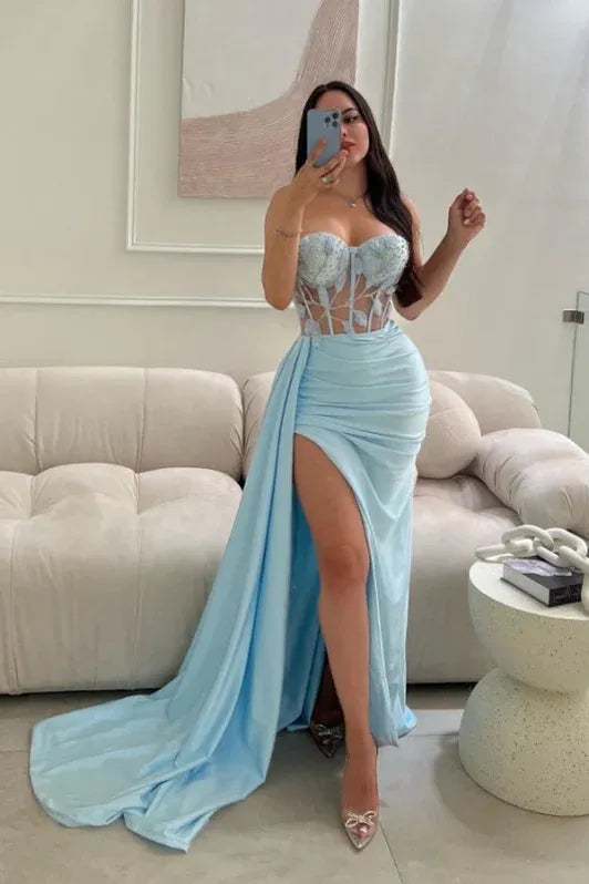 Mermaid Strapless Embellished Satin Light Blue Train Prom Dress For Sale