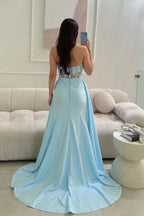 Mermaid Strapless Embellished Satin Light Blue Train Prom Dress For Sale