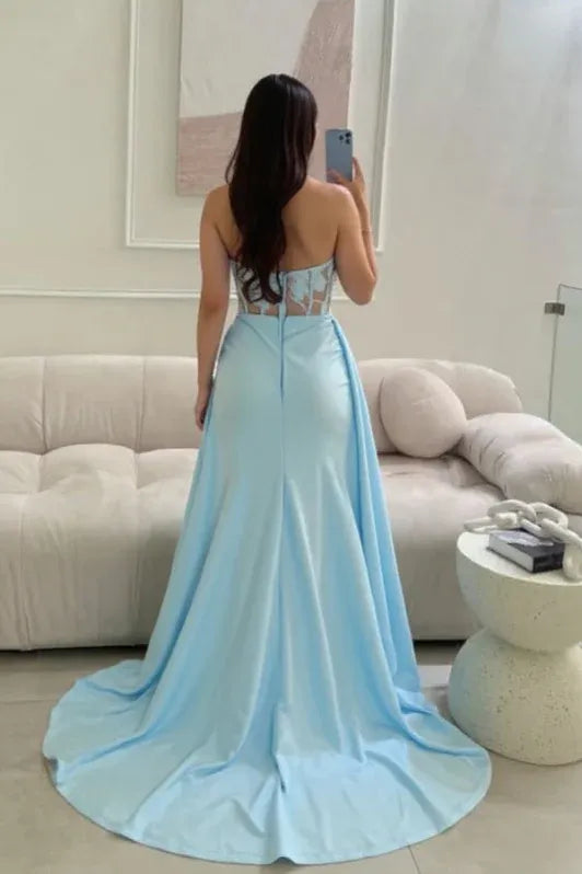 Mermaid Strapless Embellished Satin Light Blue Train Prom Dress For Sale