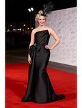 Mermaid Strapless Pleated Bow Satin Black Maxi Prom Dress With Train