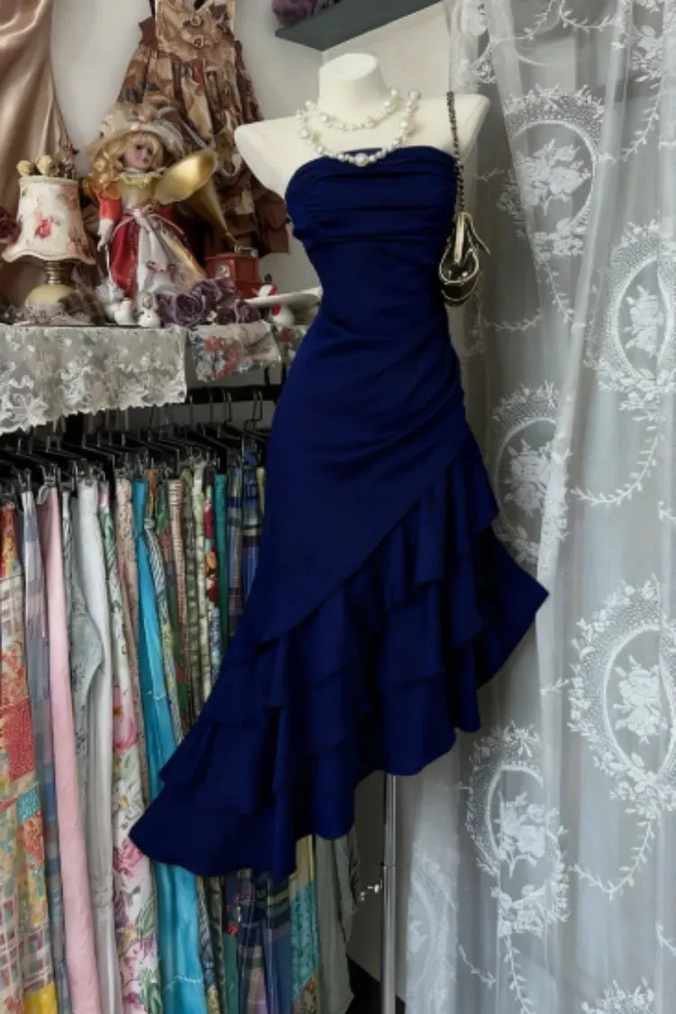 Mermaid Strapless Ruched Tiered Ruffle Hem Champagne Homecoming Dress