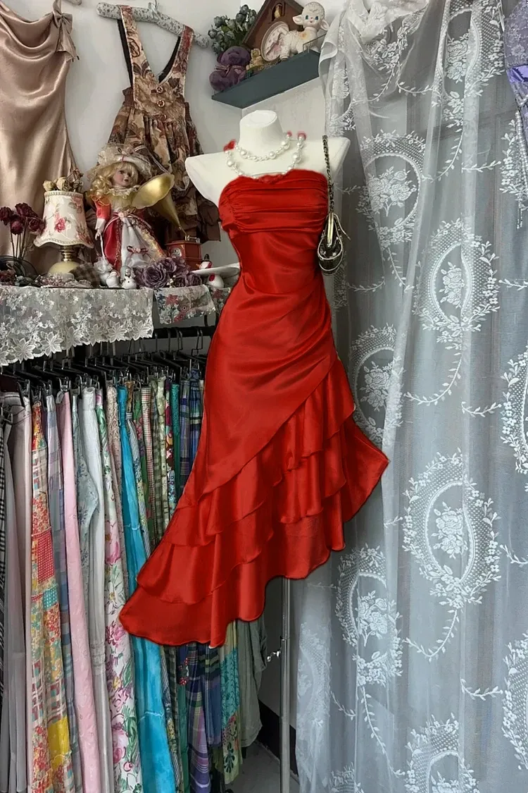 Mermaid Strapless Ruched Tiered Ruffle Hem Champagne Homecoming Dress