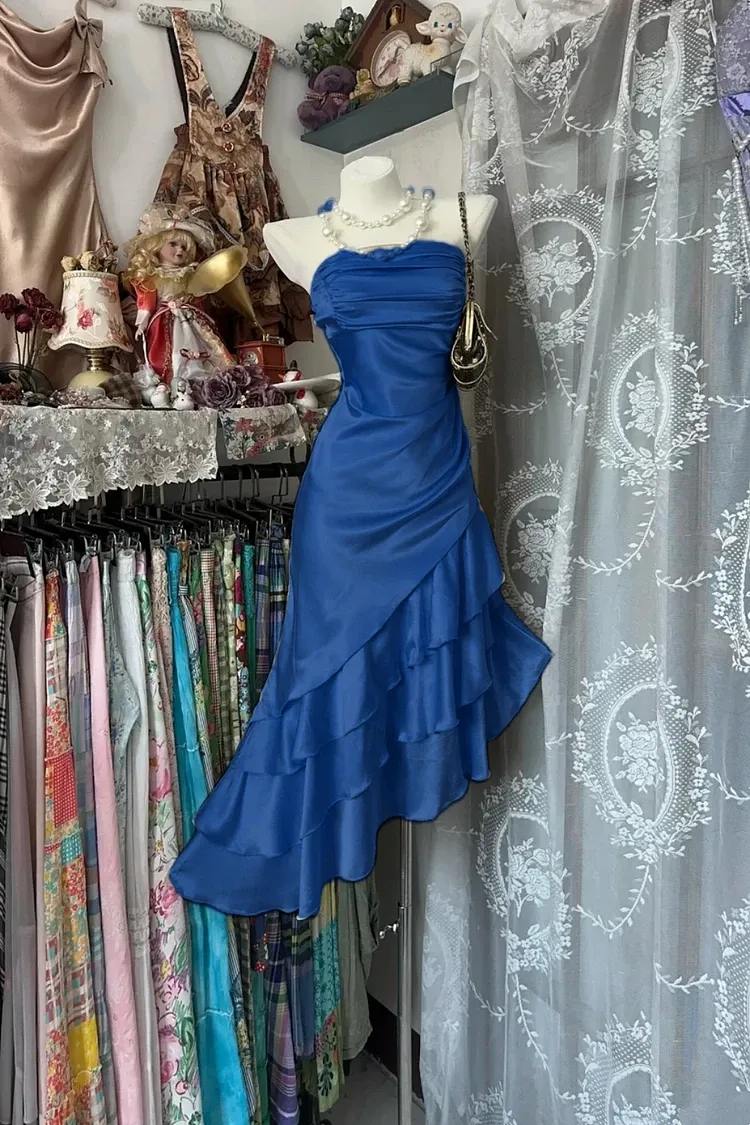 Mermaid Strapless Ruched Tiered Ruffle Hem Champagne Homecoming Dress
