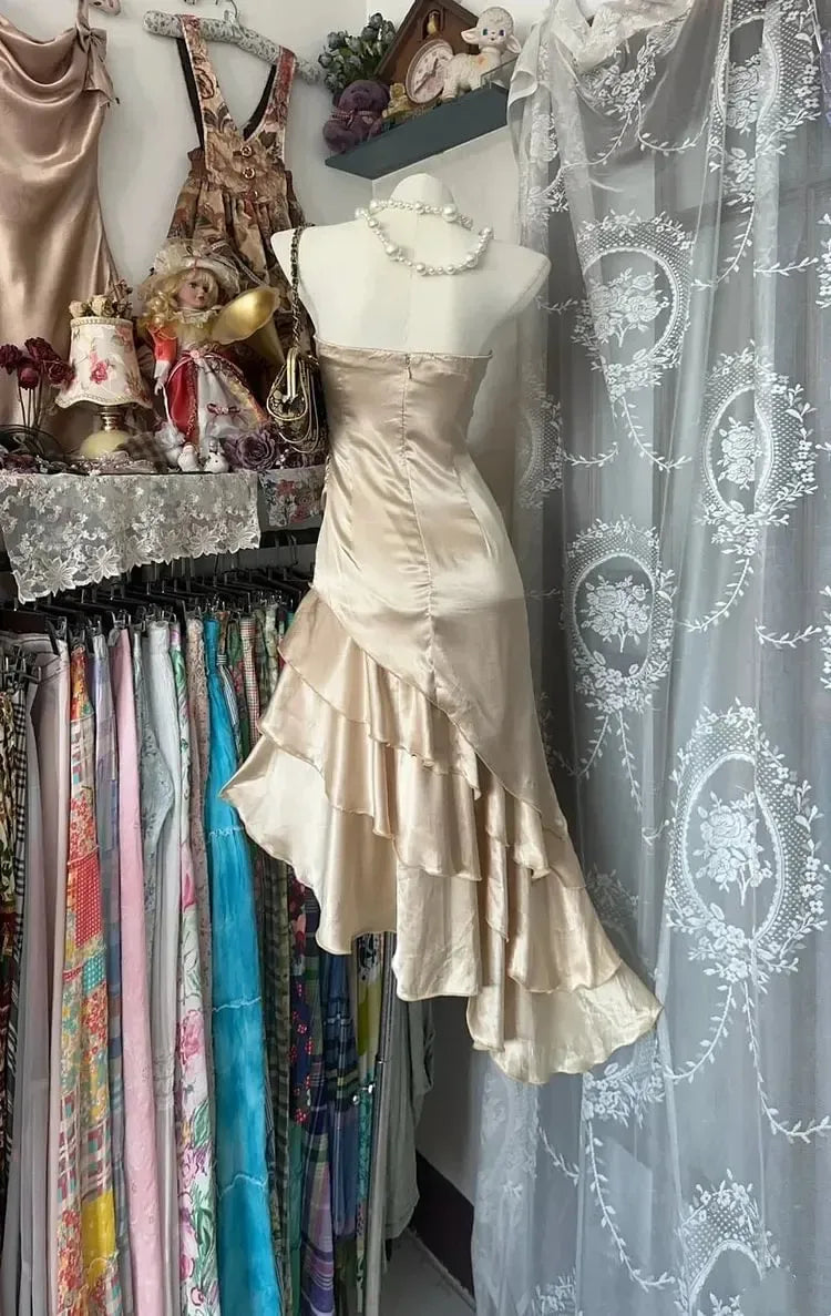Mermaid Strapless Ruched Tiered Ruffle Hem Champagne Homecoming Dress