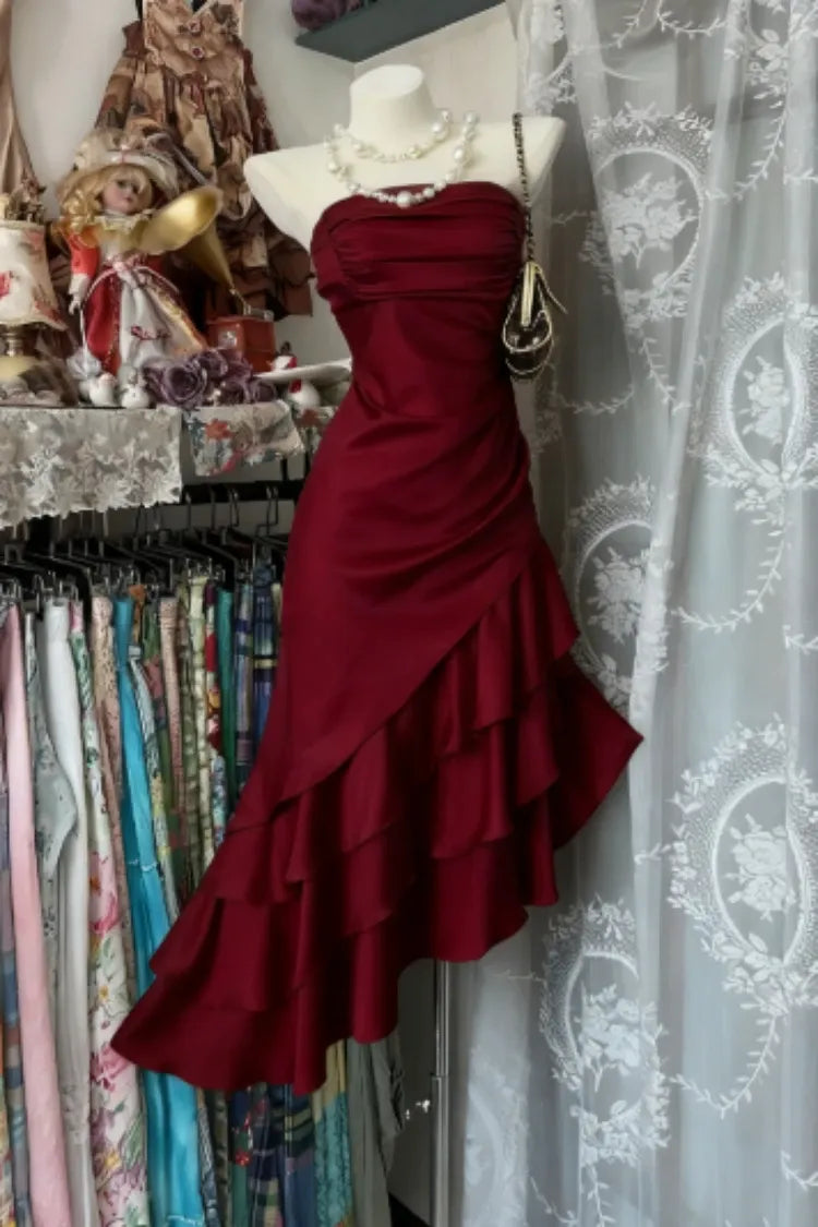 Mermaid Strapless Ruched Tiered Ruffle Hem Champagne Homecoming Dress