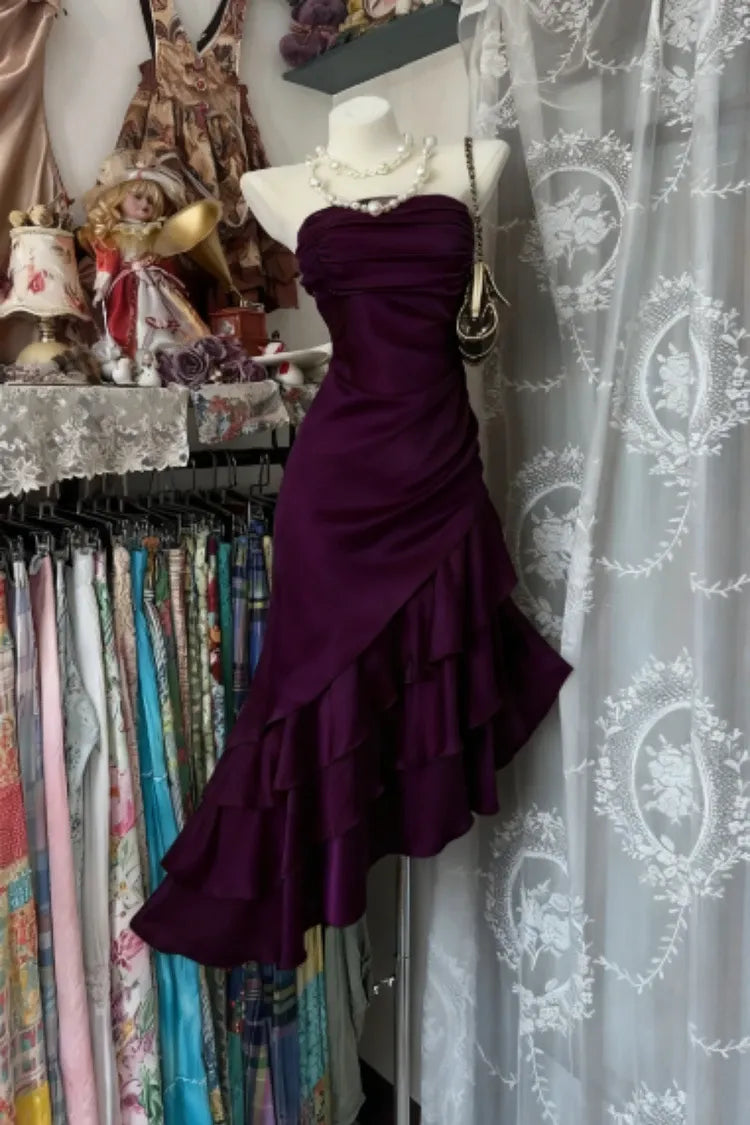 Mermaid Strapless Ruched Tiered Ruffle Hem Champagne Homecoming Dress