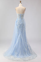 Mermaid Sweetheart Corset Beaded Sequin Sky Blue Long Prom Dress With Slit