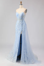 Mermaid Sweetheart Corset Beaded Sequin Sky Blue Long Prom Dress With Slit
