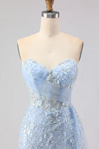 Mermaid Sweetheart Corset Beaded Sequin Sky Blue Long Prom Dress With Slit
