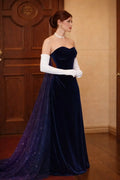 Mermaid Evening Dress Navy Blue With Starry Cape And Train Velvet Bodice For Glamorous Women