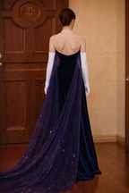 Mermaid Evening Dress Navy Blue With Starry Cape And Train Velvet Bodice For Glamorous Women