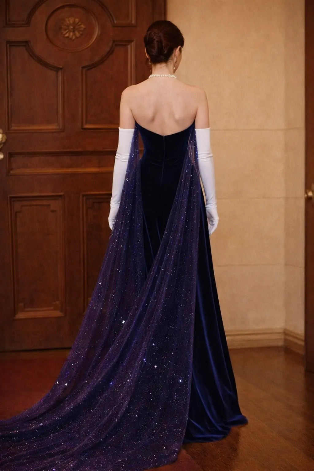 Mermaid Evening Dress Navy Blue With Starry Cape And Train Velvet Bodice For Glamorous Women
