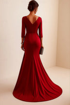 Mermaid V-Neck 3/4 Sleeve Ruched Satin Red Floor Length Prom Dress