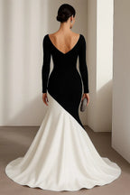 Mermaid V-Neck Long Sleeve Crystals Beaded Color Block Black White Evening Dress