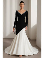 Mermaid V-Neck Long Sleeve Crystals Beaded Color Block Black White Evening Dress