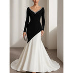 Mermaid V-Neck Long Sleeve Crystals Beaded Color Block Black White Evening Dress