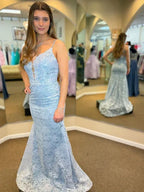 Mermaid Floral Lace Floor Length Prom Dress With Spaghetti Straps In Light Blue For Women Dreamy V Neck