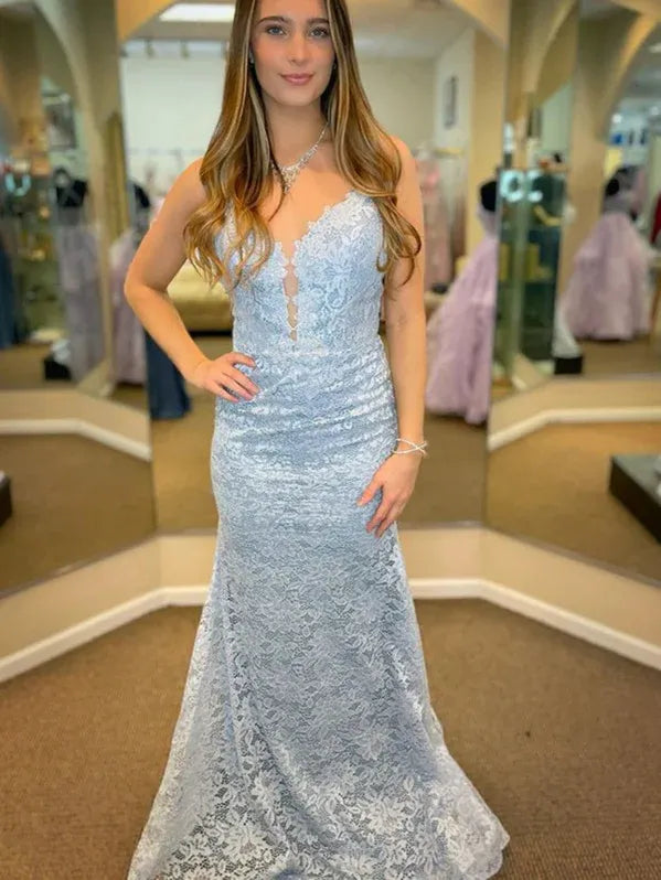 Mermaid Floral Lace Floor Length Prom Dress With Spaghetti Straps In Light Blue For Women Dreamy V Neck