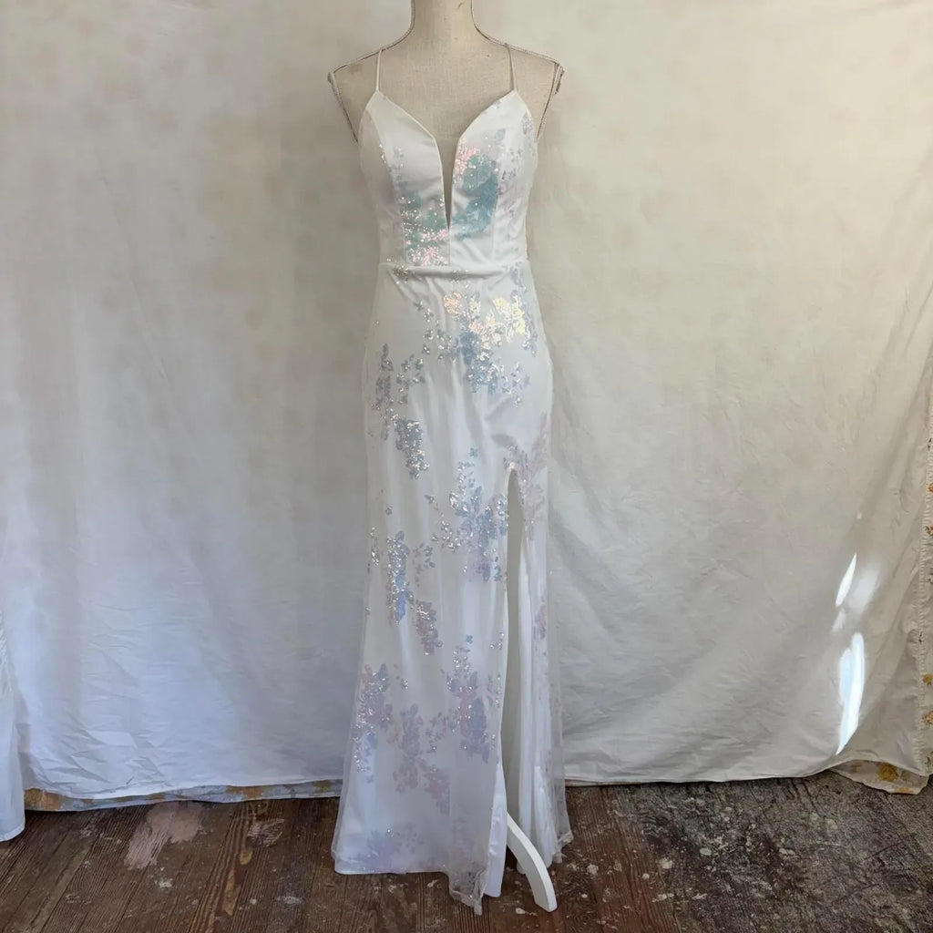 Mermaid Prom Dress White Sequin Maxi For Prom Night Glamour With V Neck Spaghetti Straps And Crisscross Back