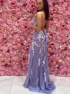 Mermaid V Neck Lace Prom Dress With High Slit Elegant Lavender Floor Length For Women