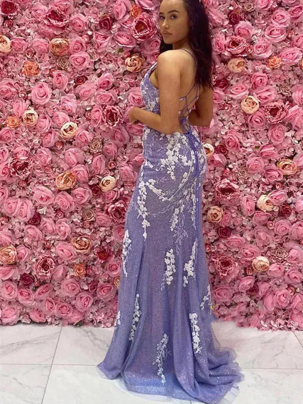 Mermaid V Neck Lace Prom Dress With High Slit Elegant Lavender Floor Length For Women