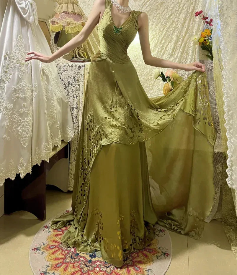 Mermaid V Neck Pleated Beaded Sage Green Train Evening Dress For Sale