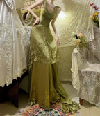 Mermaid V Neck Pleated Beaded Sage Green Train Evening Dress For Sale