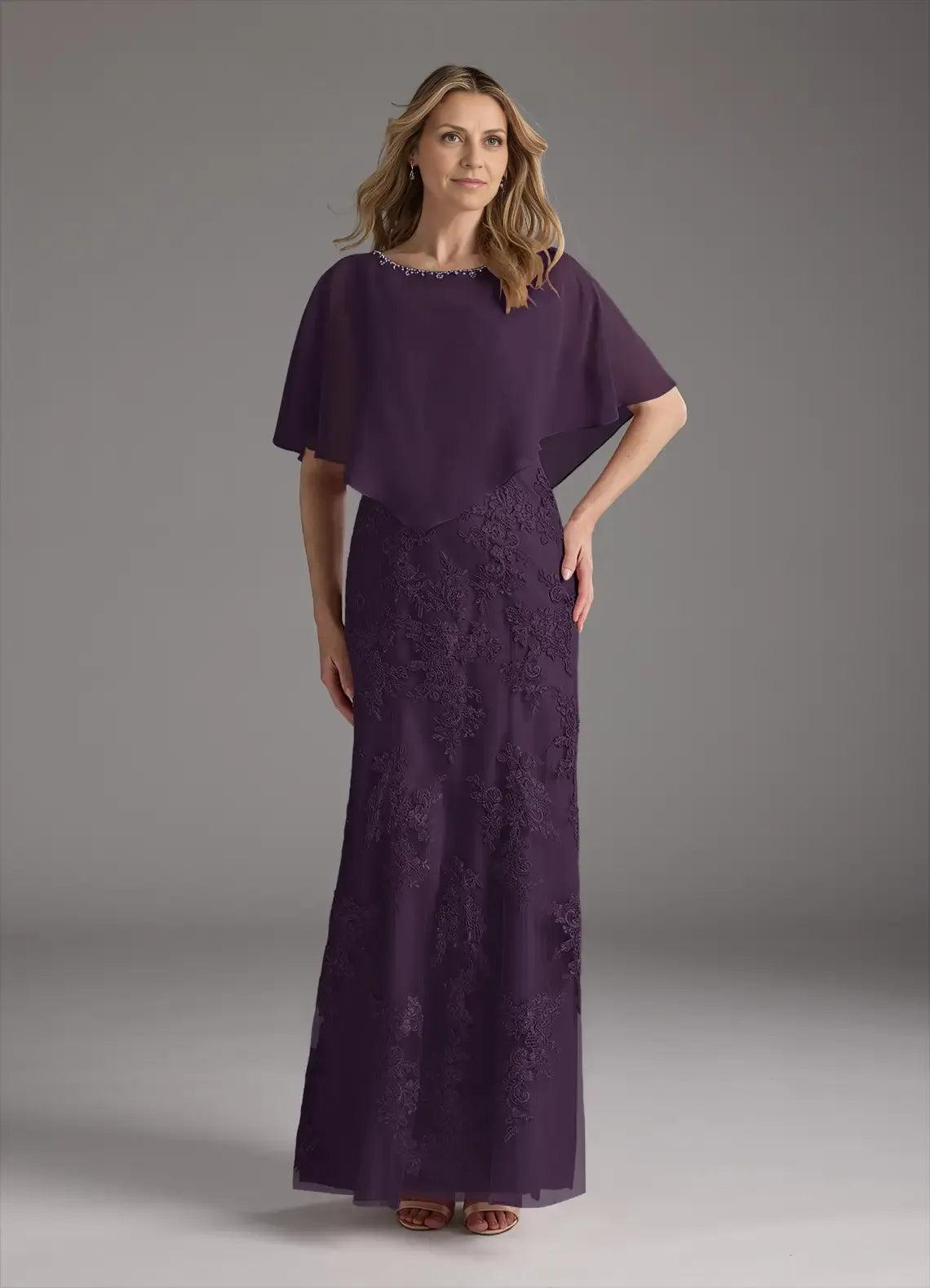 Plum Dress Elegant Mermaid Vintage Dress Floor-Length Dress Cape Sleeve Keyhole Back Mother of the Bride Dress