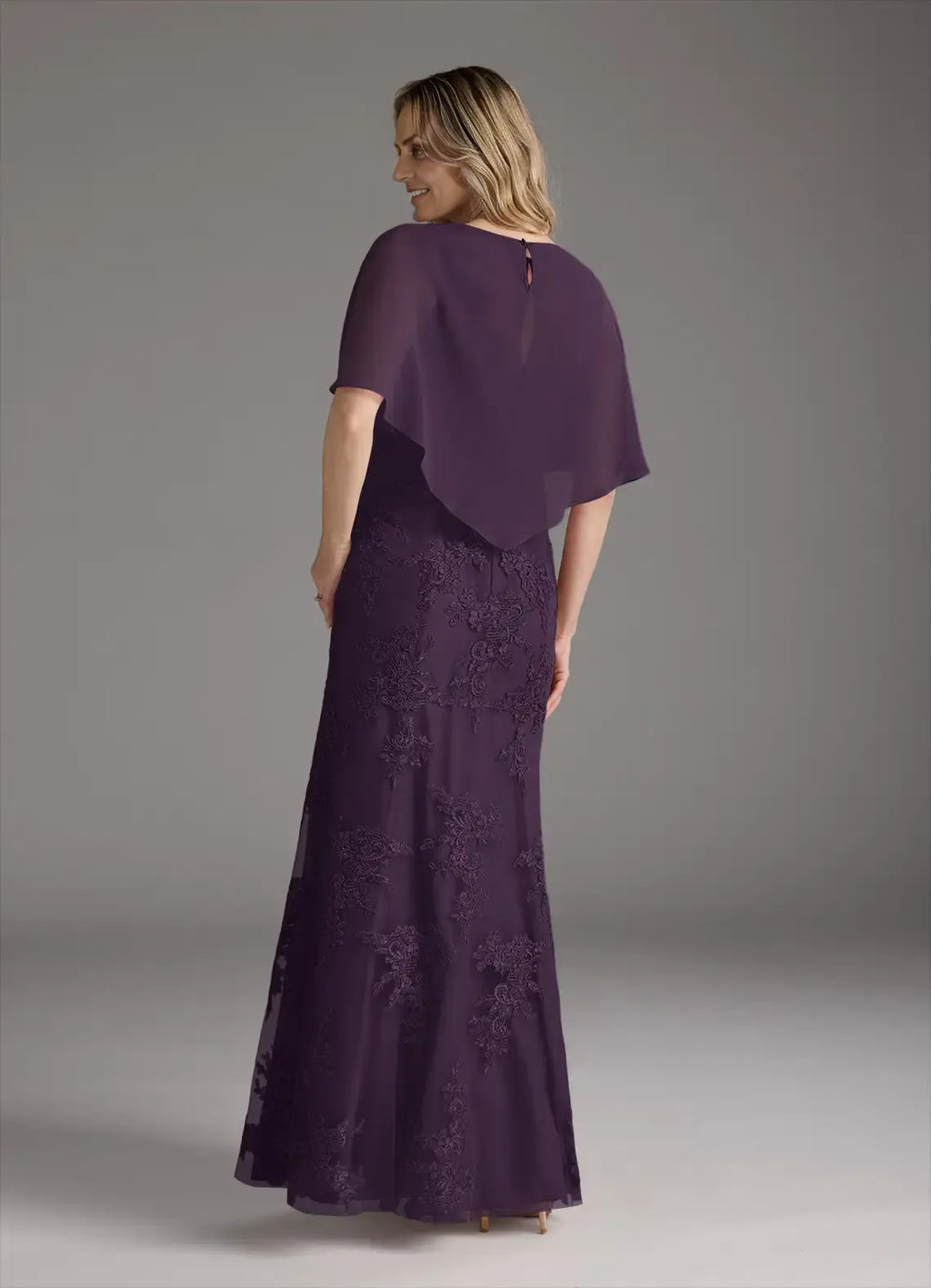 Plum Dress Elegant Mermaid Vintage Dress Floor-Length Dress Cape Sleeve Keyhole Back Mother of the Bride Dress